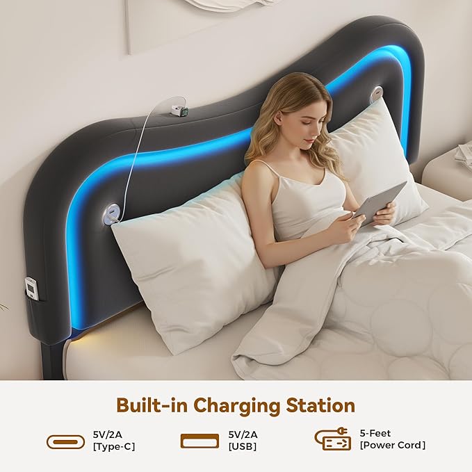 Queen Size Floating Bed Frame with LED Lights, Velvet Upholstered Headboard Bed Frame, Rounded Corners, Charging Station, No Box Spring Needed, Easy Assembly, Black