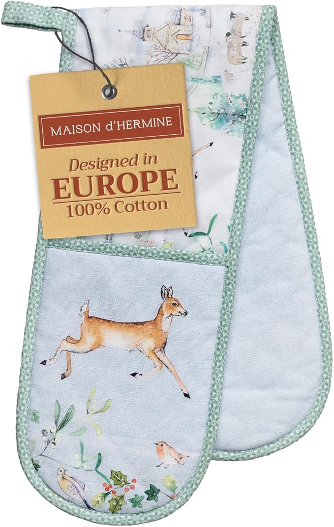 Maison d' Hermine Double Oven Mitt (7" x 35") 100% Cotton Heat Resistant BBQ Cooking Gloves with Loop for Thanksgiving Christmas Decorations Baking Cooking Barbeque Handling Hot Pan (Snowy World)
