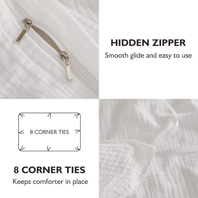 EMME Muslin Cotton Duvet Cover Set Cream White Queen Size Linen Like Soft Breathable Lightweight Summer Comforter Cover Set with Zipper Closure (Cream White, Queen, 90"x90")