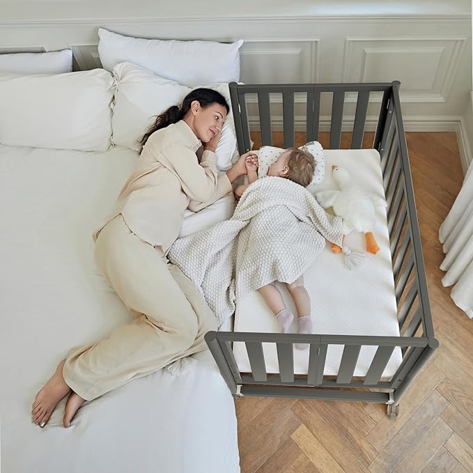 EvoNook 6-in-1 Convertible Mini Crib, 100% New Zealand Solid Wood, 4 Adjustable Mattress Heights, Black with Matttress (Crib with Mattress, Black)