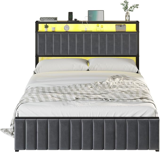 Full Bed Frame with LED Light and Charging Station, Velvet Upholstered Headboard with Storage Shelf, Heavy Duty Metal Slats/No Box Spring Needed/Easy Assembly, Grey