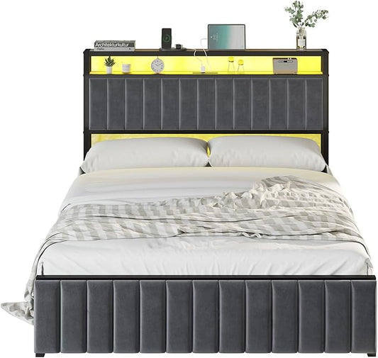 Queen Bed Frame with LED Light and Charging Station, Velvet Upholstered Headboard with Storage Shelf, Heavy Duty Metal Slats/No Box Spring Needed/Easy Assembly, Grey