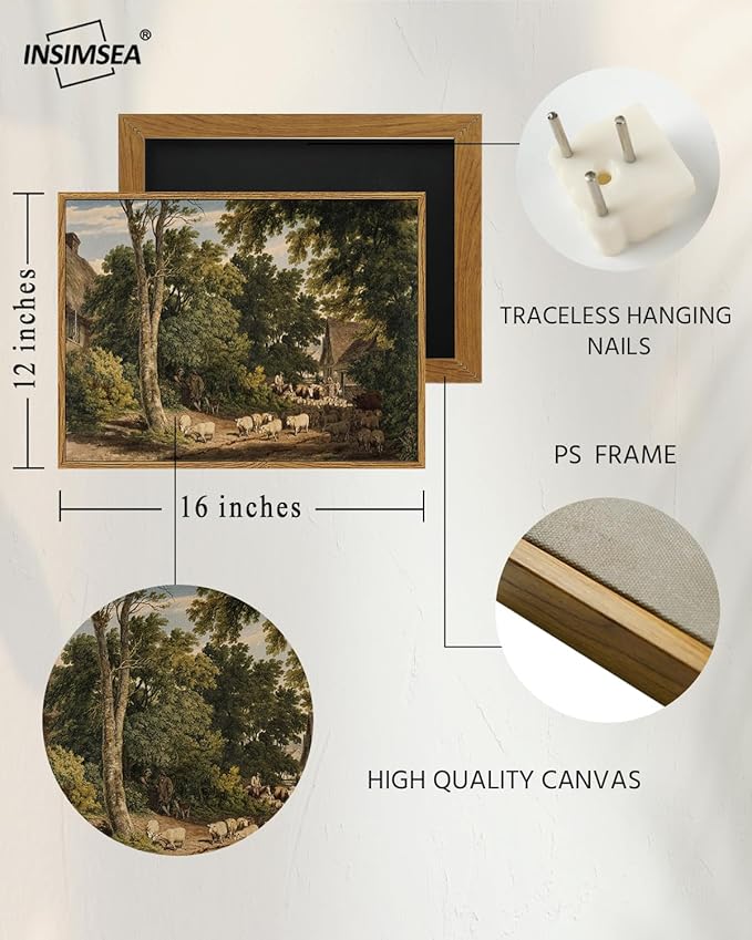 InSimSea Framed Canvas Wall Art Vintage Decor, Room Decor Classical Countryside Landscape Watercolor Painting Canvas Prints Wall Art for Living Room Badroom Farmhouse Bathroom, 12"x16"