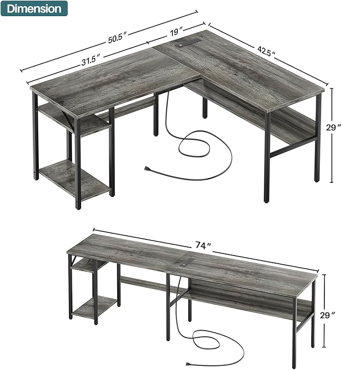 Unikito Reversible L Shaped Desk with Magic Power Outlets and USB Charging Ports, Sturdy Corner Computer Desk with Storage Shelves, Gaming Desk for Home Office, Easy to Assemble, Black Oak