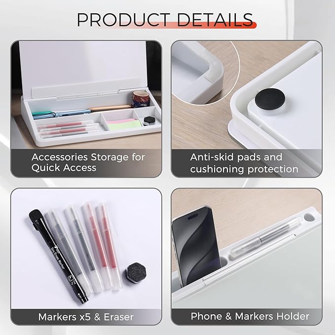 TOWON Small Compact Glass Desktop Whiteboard with Storage – 12 x 7 in Dry Erase Board for Desk, Home Office, School | Includes 5 Markers, Eraser & Holder | Space-Saving Organizer, Aesthetic White