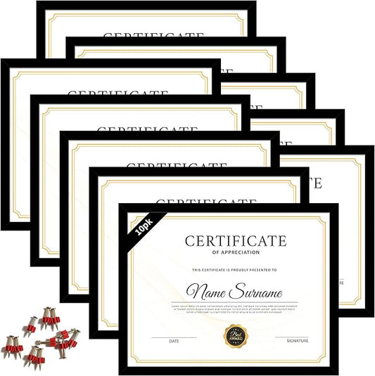10 Packs 8.5x11 Multi Picture Frames Set, Certificate Frame for Document Diploma Award, Light Weight Bulk 8.5 by 11 Frames Pack for Wall Hanging and Table, Black