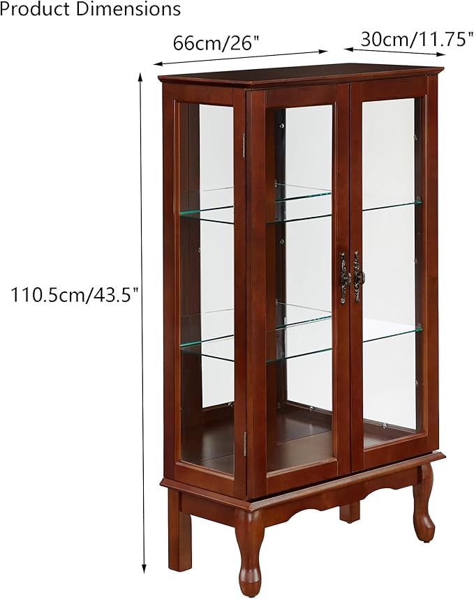 Goujxcy Lighted Curio Cabinet, Modern Floor Standing Glass Curio Cabinet Display Case Cabinet with Adjustable Shelves, Mirrored Back Panel and Tempered Glass Doors for Home/Office (Cherry)
