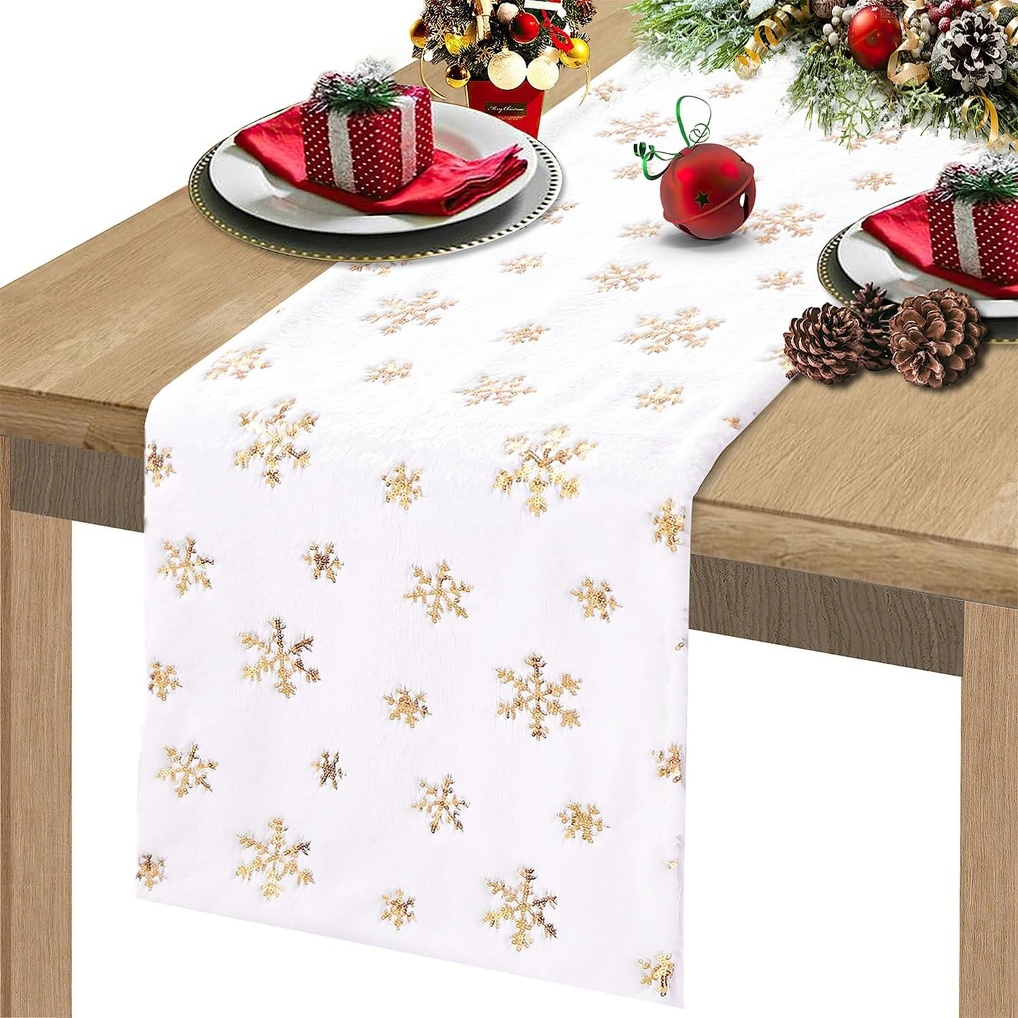 Faux Fur Table Runner Christmas Table Runner 108 Inches Long Gold Snowflake Table Runner for Winter Snowy Party Home Holiday 13 x 108 Inch Christmas Runner for Table Decorations