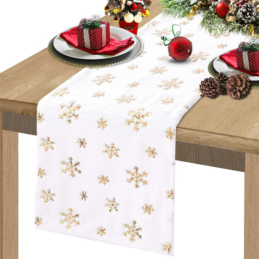 Faux Fur Table Runner Christmas Table Runner 108 Inches Long Gold Snowflake Table Runner for Winter Snowy Party Home Holiday 13 x 108 Inch Christmas Runner for Table Decorations