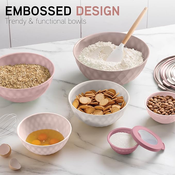 COOK WITH COLOR Mixing Bowls with Lids - 12 Piece Plastic Nesting Bowls Set includes 6 Prep Bowls and 6 Lids, Diamond Design - Microwave Safe (Mint)