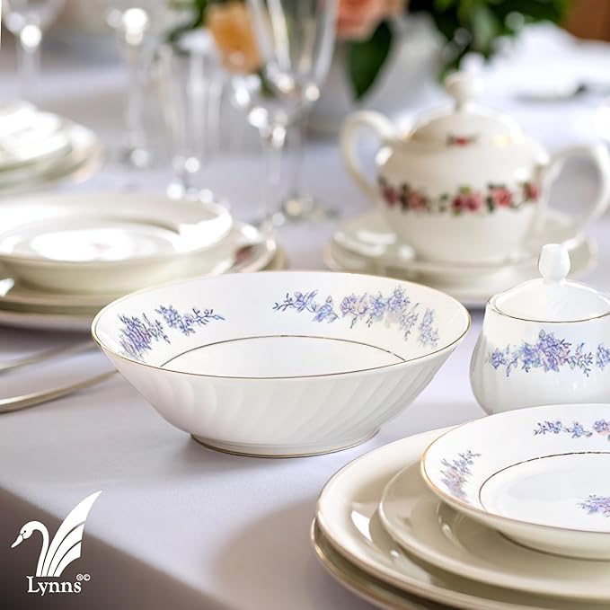 Lynns Paradise Royal Rose 9-Inch Big Bowl, Set of 3, Blue; 24K Gold Trim, Embossed Swirl, Colorful Floral Print, Porcelain