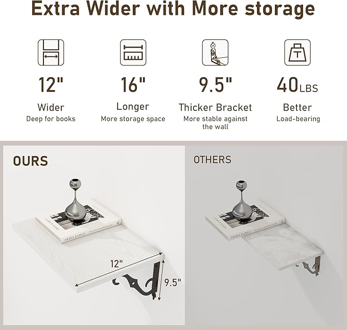 Deep Floating Shelves, 16" W x 12" D Wall Shelves Set of 2, Wide Display Shelf Wall Mounted with Brackets, Bookshelf for Living Room, Bathroom, Bedroom, White