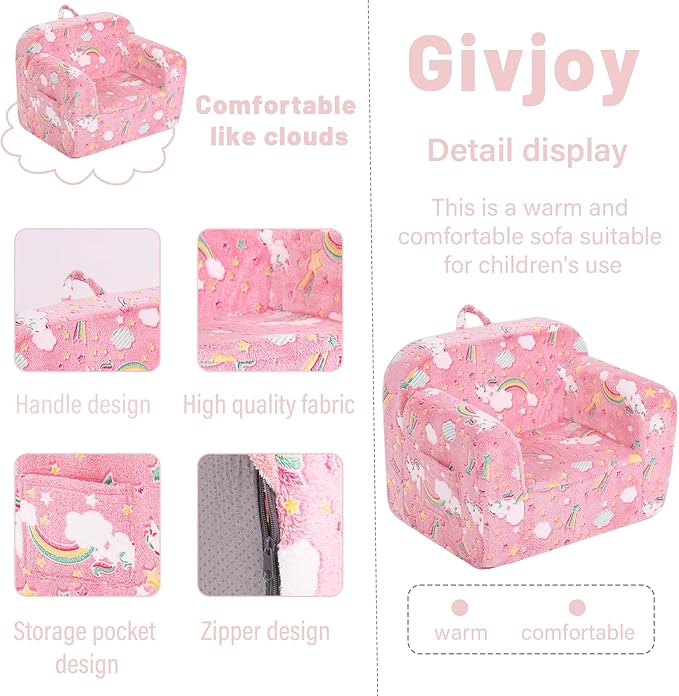 Toddler Chair Plush Kids Couch, Comfy Kids Sofa Toddler Lounger Chair for Bedroom, Convertible Toddler Couch for Girls and Boys, Reading Chair for Kids