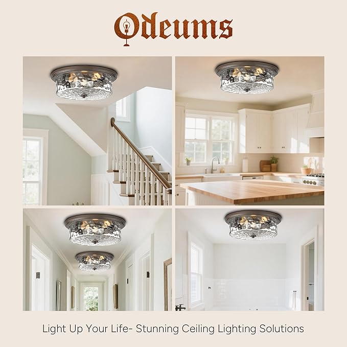 Large Industrial Flush Mount Ceiling Light, 16" 3-Light Modern Ceiling Light Fixture, Farmhouse Close to Ceiling Lighting,Hammered Glass Ceiling Light for Bedroom, Living Room, Kitchen Island