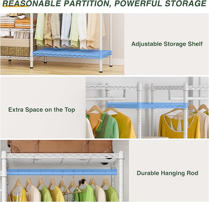 LEHOM G6M Heavy Duty Clothes Rack for Hanging Clothes, Portable Garment Rack Compact Size Closet Organizer, Freestanding Metal Clothing Rack Wardrobe Closet with Storage Shelves for Bedroom, White