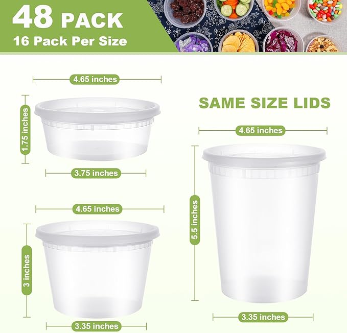 Deli Containers with Lids 48 Sets - Plastic Soup Containers with Lids 8oz, 16oz, 32oz - Take Out Container for Restaurant, Food Container with Leakproof, Microwave/Freezer/Dishwasher Safe