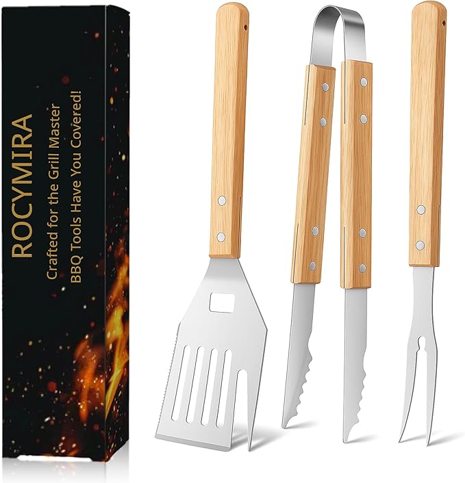 Heavy-Duty Grill Accessories BBQ Tool Sets Multi Functional Spatula with Knife Edge, Fork,Tongs, Bottle Opener Ash Wood Handle & Thick Stainless Steel Essential Accessories for Barbecue & Grill