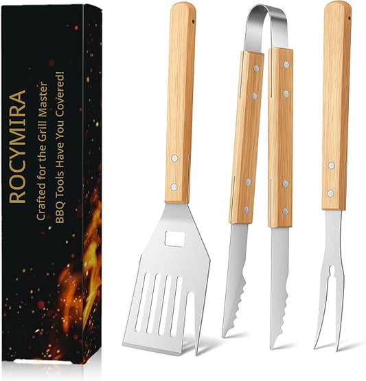 Heavy-Duty Grill Accessories BBQ Tool Sets Multi Functional Spatula with Knife Edge, Fork,Tongs, Bottle Opener Ash Wood Handle & Thick Stainless Steel Essential Accessories for Barbecue & Grill