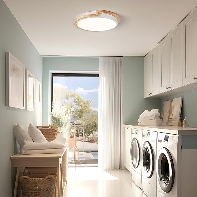 Modern LED Close to Ceiling Light, Round Shape Flush Mount Ceiling Lighting Fixture, Matte White with Wood Accent, Minimalist Kitchen Light Fixtures for Bedroom, Entryway, Laundry Room, 11.8in
