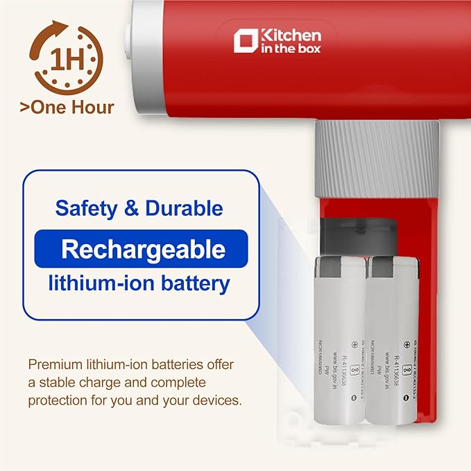 Kitchen in the box Cordless Rechargeable Hand Mixer for Kitchen, Portable Handheld Electric Mixer with Beaters, Whisks, 6-Speed Digital Display, Charging Base and USB-C Charge Cable (Cherry Red)