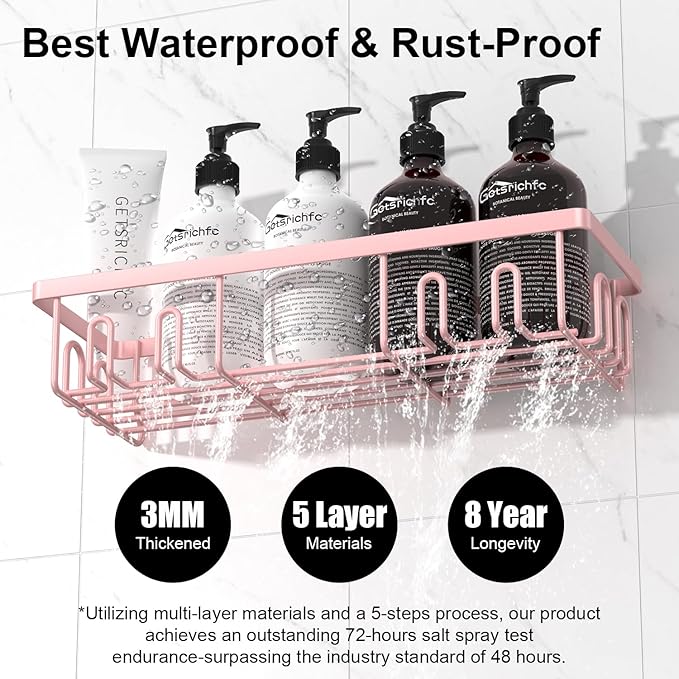 2025 New Adhesive Shower Caddy, Shower Shelves with 16 Hooks, Pink 2 Pack