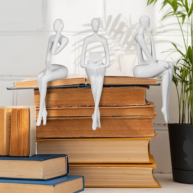 Thinker Statue Gold Decor Abstract Art Sculpture, Golden Resin Collectible Figurines for Home Living Room Office Shelf Decoration,Great Gifts Ideas (Sitting Posture-White)