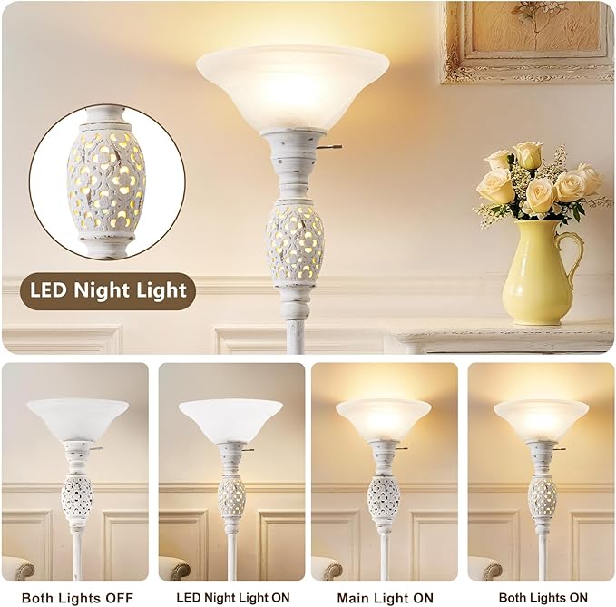 70" Floor Lamps for Living Room with Nightlight, Torchiere Floor Lamps Standing Lamp with Glass Shade, Vintage Floor Lamp with Rotary Switch,Tall Lamps for Home, Bedroom, Office, Corner,Bulb Included