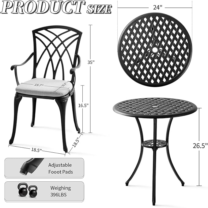 3 Piece Patio Bistro Set with Cushions, Outdoor Bistro Table and Chairs Set of 2 with Umbrella Holes, All Weather Bistro Table Set for Garden Porch Pools