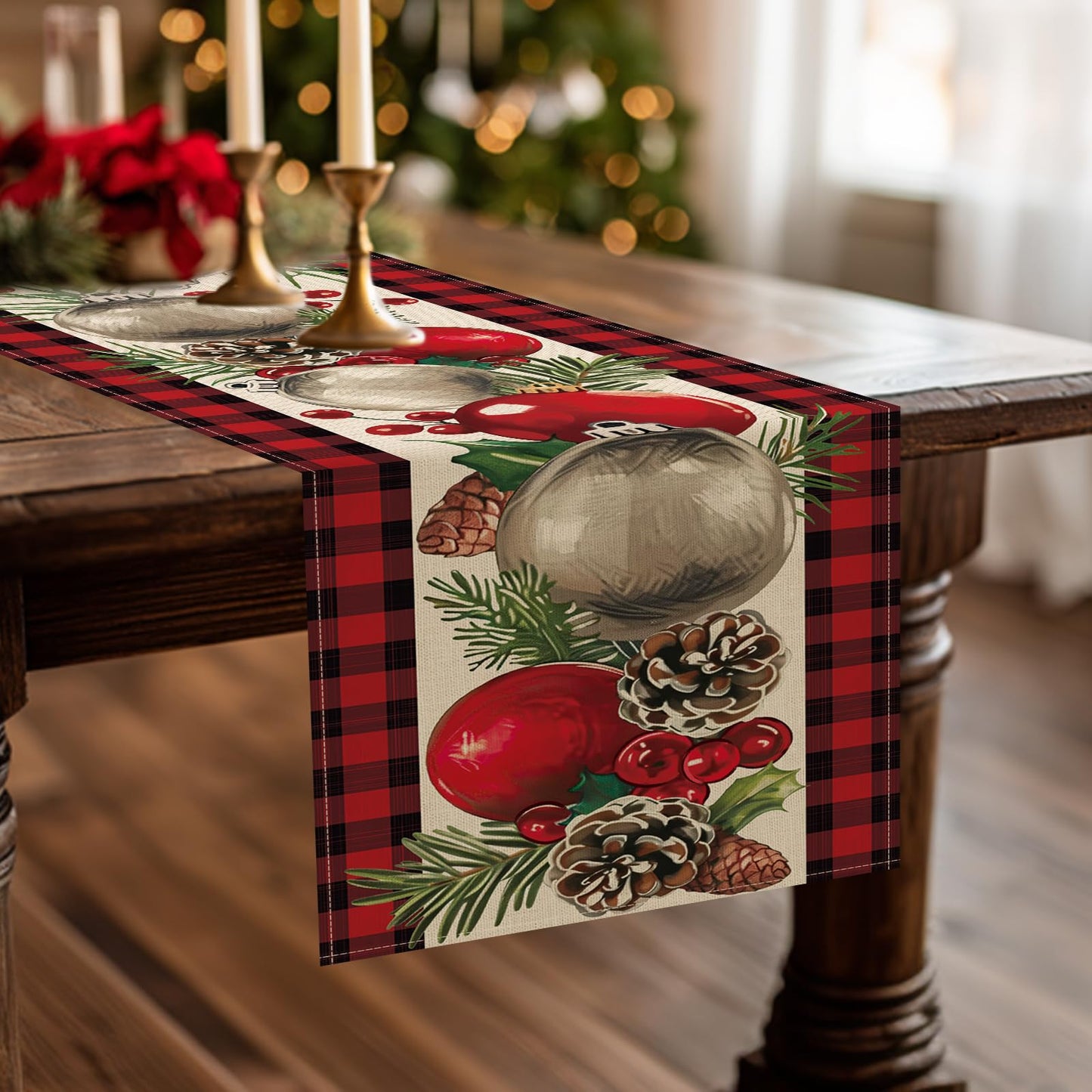 Croar Christmas Balls Dining Table Runner, Xmas Pine Cones Needle Branches Holly Berries Burlap Kitchen Decoration, Winter Holiday Plaid Farmhouse Indoor Outdoor Home Decor Party Supply 13 x 72 Inches