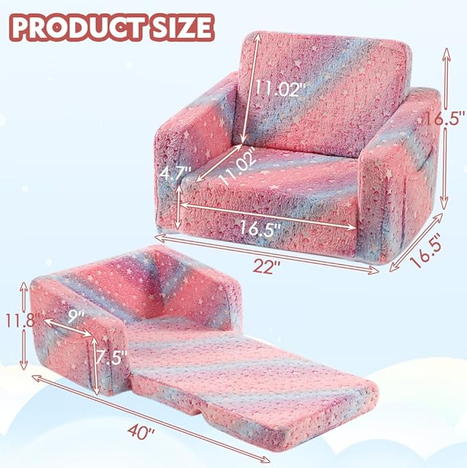 Furnishh Kids Sofa Couch Fold Out, Baby Toddler Comfy Soft Chair for Boys Girls, Flip Out Foldable Children 2 in 1 Convertible Sofa to Lounger, Folding Child Sleeper for Playroom, Pink Star