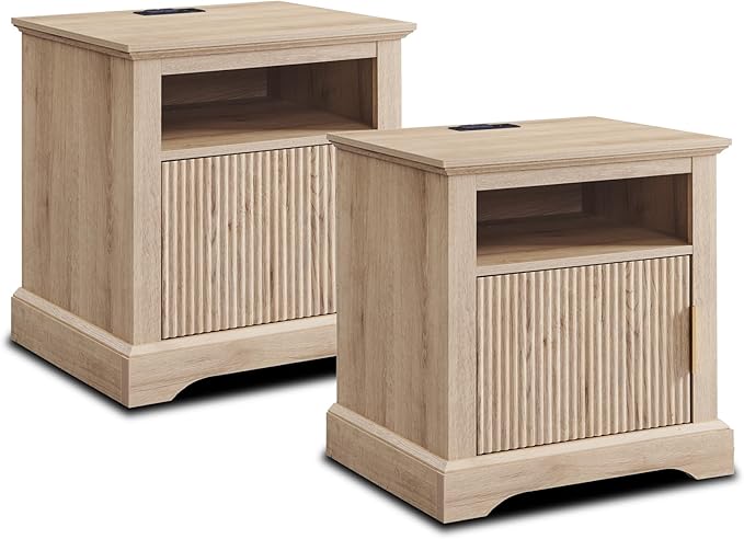 Fluted Nightstand Set of 2, 22" Large Modern Side Table with Charging Station, Wood End Table w/Open Shelf, Bedside Table with Storage Space for Bedroom, Living Room (Natural)