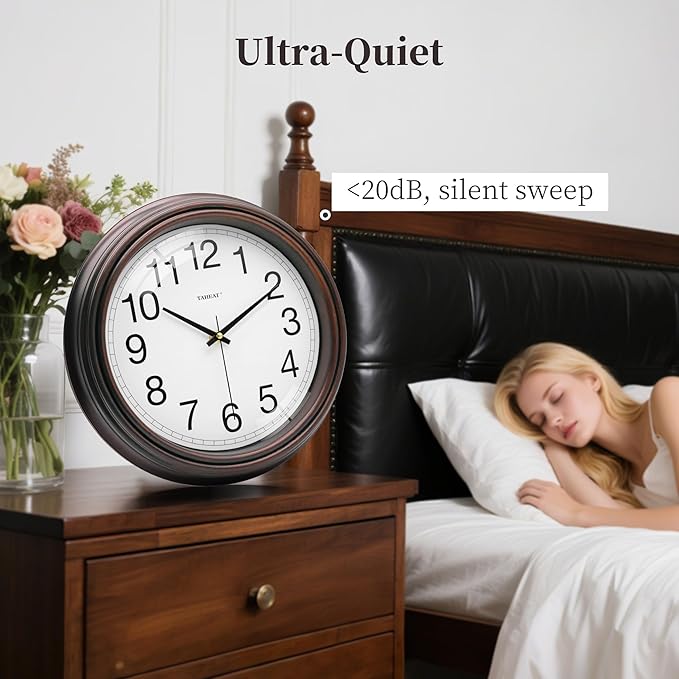 TAHEAT Vintage Wall Clock, 12 Inch Red Copper Easy to Read Battery Operated Quartz Wall Clock Decorative for Kitchen Living Room Bedroom Office School