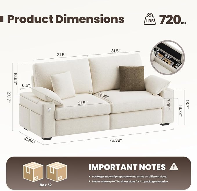 76" Loveseat Sofa, Cloud Foam Couch, 3 Seater Upholstered Midcentury Mondern Love Seat with USB Type C Ports, 4 Pillows and Flip-Open Storage Armrest for Living Room/Small Spaces, Beige