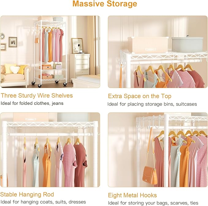 FUTASSI P6 Mini Rolling Clothes Rack Heavy Duty, Clothing Racks for Hanging Clothes, Freestanding Garment Rack with Wheels, Portable Closet Rack Max Load 360LBS, 23.6''W x 14''D x 74.6''H, White