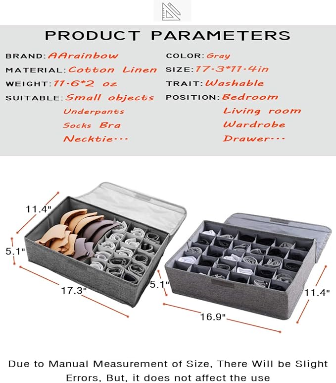 AARAINBOW 2 Packs Underwear Socks Storage Organizer with Lids Foldable Closet Drawer Organizer 46 Cells, Drawer Organizer Bins for Ties Scarves Lingerie Bra Fabric Dividers (30+16 Cell, 2 Gray)