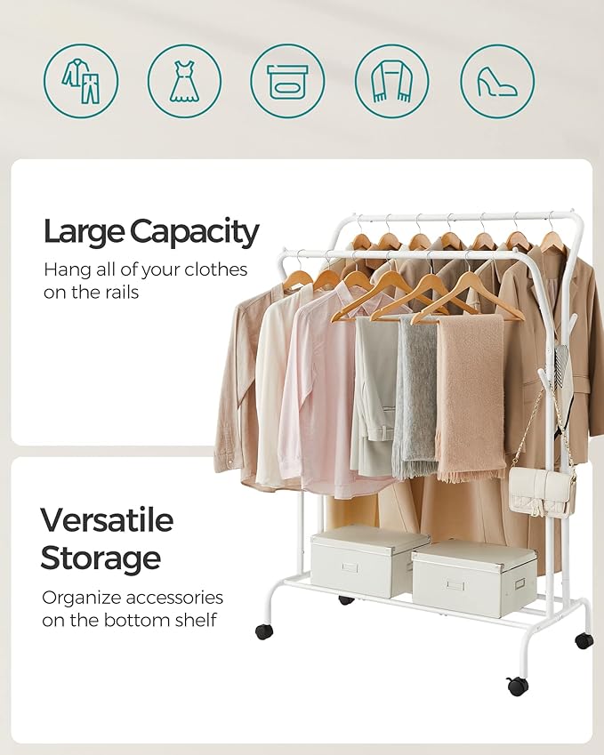 SONGMICS Clothes Rack, Double-Rod Clothing Rack for Hanging Clothes with Wheels, Garment Rack, Metal Frame, 220 lb Max. Total Load, 40.7 Inches Wide, Clothes Storage and Display, White UHSR107W01