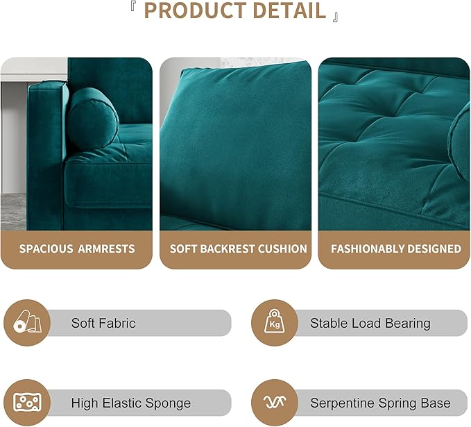 Modern Sofa,70 Inch Velvet Couch for Living Room,Spring Cushions,Solid Wood Frame,Easy Assembly for Small Spaces (Teal Blue)