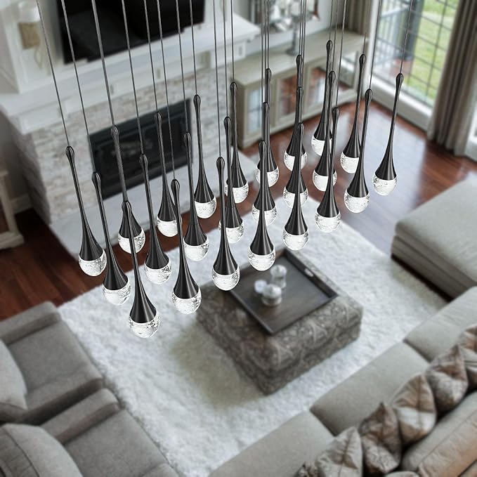 24-Lights Rectangular Chandelier Crystal Raindrop Chandeliers Flush Mount Ceiling Light for Dining Room Living Room High Ceiling Chandelier for Staircase Foyer Entryway Black Chandeliers