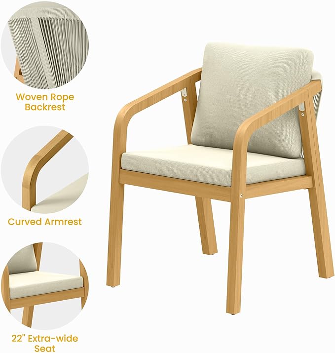 Wisteria Lane Acacia Patio Dining Chairs Set of 2, Outdoor Wood Chairs with Thick Cushions, Modern Patio Seating with Woven Rope Backrest for Porch, Backyard, Garden, Indoor Use, Beige