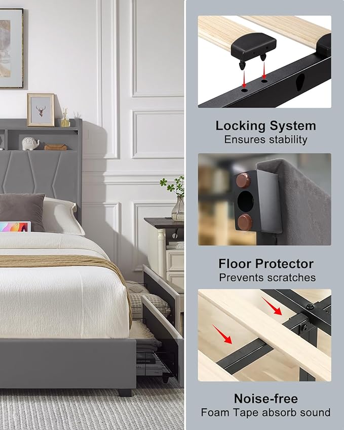 Full Size Bed Frame, Velvet Upholstered LED Platform Bed with Headboard Storage, Bed Frame Full Built-in Charging Station with 4 Drawers, Wood Slat Support, No Box Spring Needed, Grey