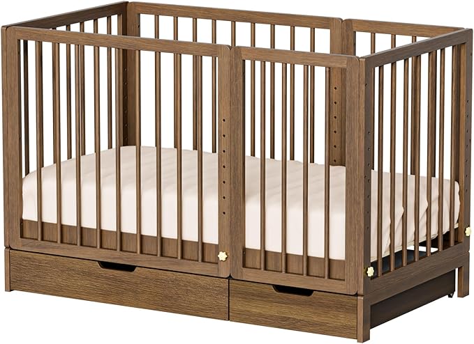 JOYMOR 8 in 1 Convertible Crib with Changer, Include 2” Mattress, Converts to Bassinet, Mid Crib, Full Size Crib, Daybed,Toddler Bed and Playard (Crib with Drawer, Honey Wood)