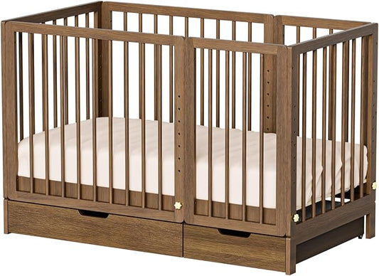 JOYMOR 8 in 1 Convertible Crib with Changer, Include 2” Mattress, Converts to Bassinet, Mid Crib, Full Size Crib, Daybed,Toddler Bed and Playard (Crib with Drawer, Honey Wood)