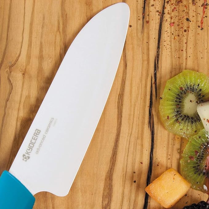 Kyocera’s Revolution Series 5.5” Ceramic Santoku Knife, Chef Knife For Your Cooking Needs, Blue Handle, White Blade