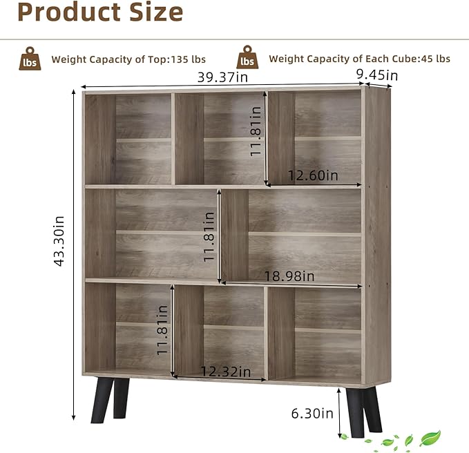 LEYAOYAO 8 Cube Bookshelf,3 Tier Bookcase with Legs,Modern Grey Mid-Century Bookshelves,Large Farmhouse Open Storage Organizer Shelf, Retro Wooden Display Book Case for Bedroom,Living Room,Office
