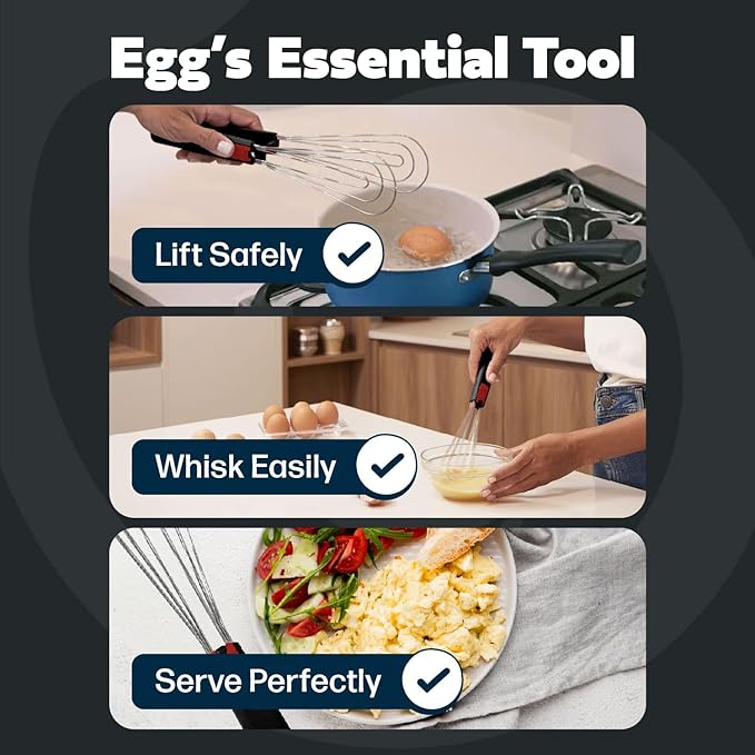 Flat Whisk and Tongs for Cooking – Multipurpose Kitchen Tool for Beating Eggs, Salad Tongs, BBQ, Whisks for Cooking, Easy Whisk, Hand Whisk (Black)