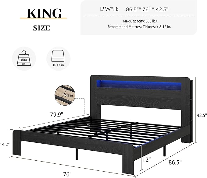 King Size Wooden Bed Frame with Bookcace Storage Headboard, Rustic Farmhouse Bedframe with LED Lights and Charging Station, Sturdy and Stable, Slat Support, No Box Spring Required (Black, King)