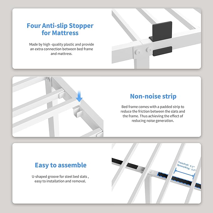 ROIL 18 Inch White Full Size Bed Frame with Rounded Corner and Headboard Hole Mattress Retainers 3500LBS Heavy Duty Steel Slats No Box Spring Needed Platform Noise-Free Easy Assembly