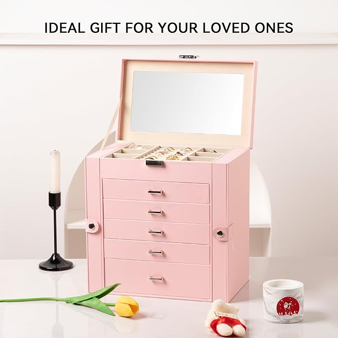Frebeauty Large Jewelry Box,6-Tier PU Leather Jewelry Organizer,Multi-functional Storage Case with Mirror,Accessories Holder with 5 Drawers for Necklace Bracelets Watches(Pink)