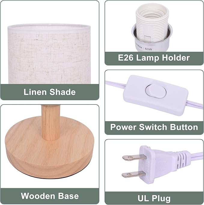 Small Table Lamp Mini Bedside Night Light Wooden Simple Desk Nightstand Lighting with Linen Shade for Bedroom, Living Room, Kids Room (Including LED Bulb) (Square)