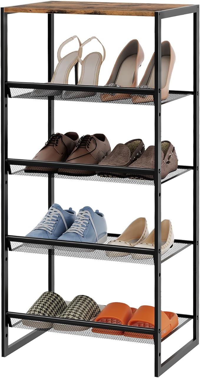Garden 4 you 5 Tiers Narrow Shoe Rack,Small Space Freestanding Shoe Storage Organizer with Brown Wooden Tabletop,Adjustable Metal Shelf Stackable Shoe Shelf for Entryway Hallway Living Room Closet
